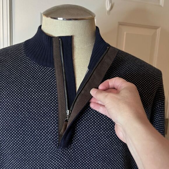 $278 NWOT‎ Men's Peter Millar Jacquard Wool Quarter Zip Sweater Navy Dot Size XL - Picture 3 of 7